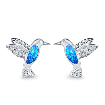Hummingbird Stud Earrings Lab Created Blue Opal 925 Sterling Silver (15mm)
